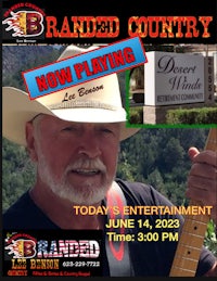 a flyer for branded country with an image of a man holding a guitar